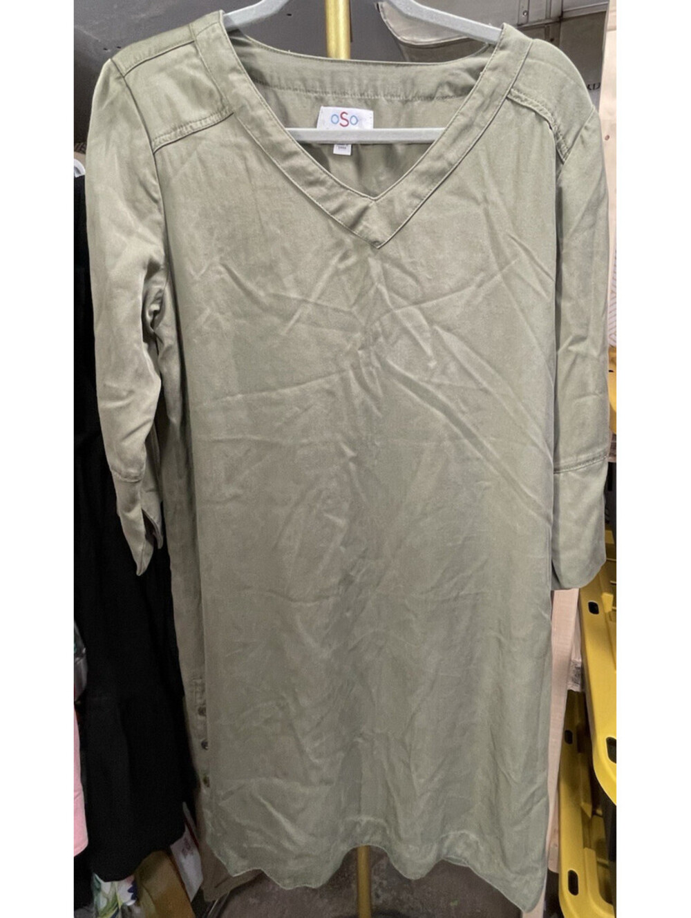 OSO Casuals Lyocell Dress M Army Green Shirt Dress Utility Chic 3/4 Sleeve EUC
